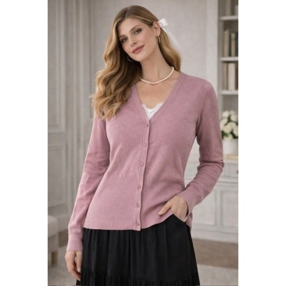 Jones Wear Women Large Purple Diamond Textured V-Neck Button‎ Cardigan Sweater